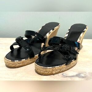 Burberry Black Patent Leather & Nova Check Espadrille Wedge Sandals Sz 4… NWOB